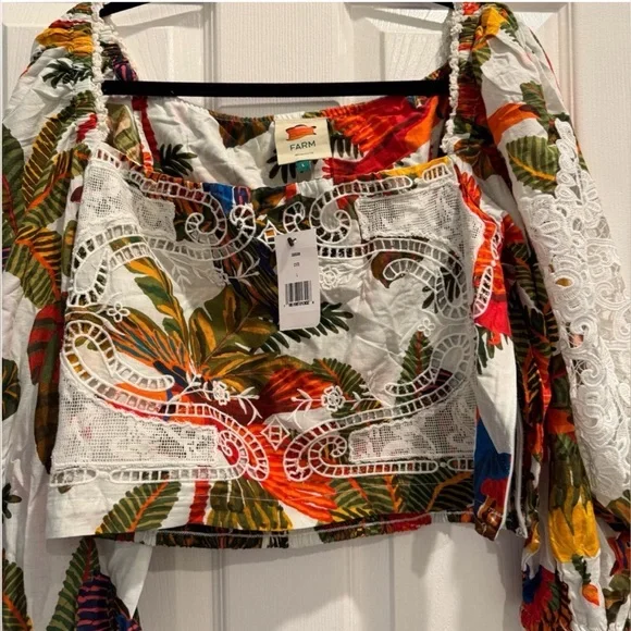 NWT Farm Rio Forest Birds crochet and guipure lace Cropped Blouse Size L - Picture 11 of 16